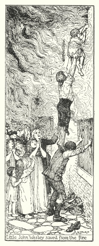 Mały John Wesley uratowany z pożaru (lito) autorstwa Henry Justice Ford
