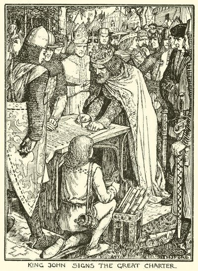 Magna Carta. Król Jan podpisuje Wielką Kartę (rycina) autorstwa Henry Justice Ford
