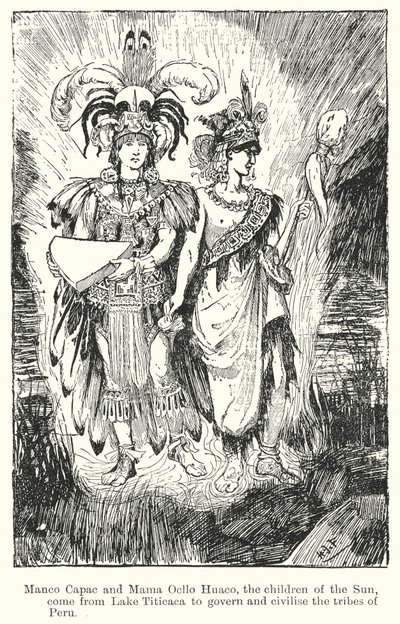 Manco Capac i Mama Ocllo Huaco, dzieci Słońca, przybywają znad jeziora Titicaca, by rządzić i cywilizować plemiona ... (litografia) autorstwa Henry Justice Ford