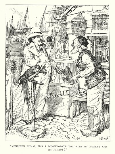 "Monsieur Dumas, czy mogę ugościć pana moją małpką i papugą" (rycina) autorstwa Henry Justice Ford