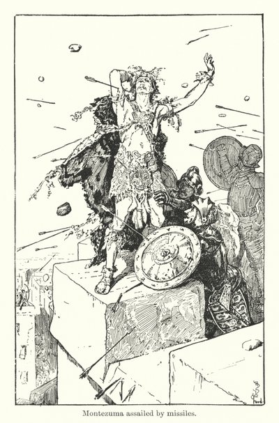 Montezuma zaatakowany przez pociski (rycina) autorstwa Henry Justice Ford