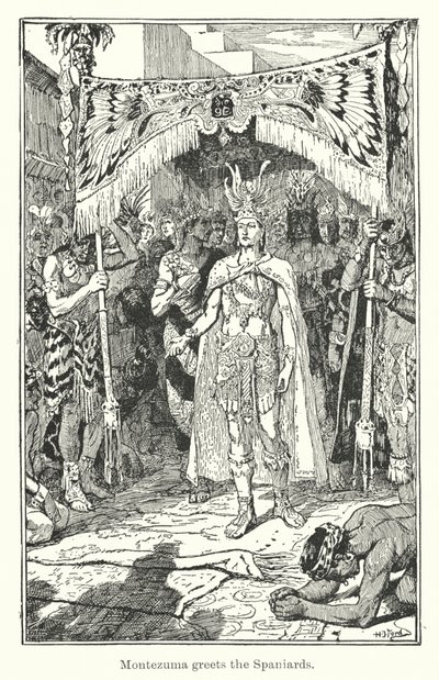 Montezuma wita Hiszpanów (rycina) autorstwa Henry Justice Ford