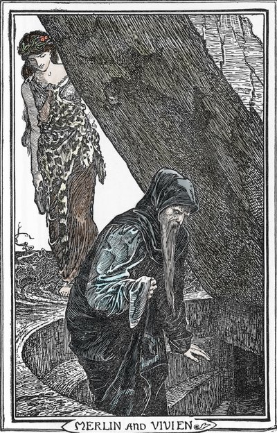 Przedstawienie Merlina Zaklinacza i Fee Viviane (Merlin anc Vivien) Ilustracja: Henry Justice (HJ) Ford (1860-1941) z „Księgi romansów”” 1902 Kolekcja privee autorstwa Henry Justice Ford
