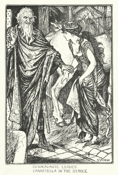 Scioravante pozostawia Cannetella w stajni (grawerunek) autorstwa Henry Justice Ford