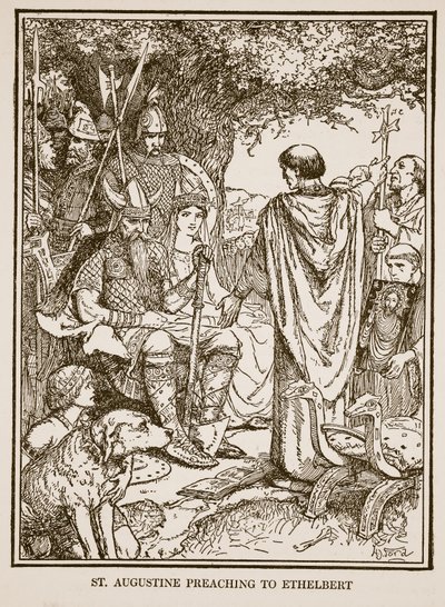 Św. Augustyn przemawia do Ethelberta, ilustracja z „Historii Anglii” autorstwa C.R.L. Fletcher i Rudyard Kipling autorstwa Henry Justice Ford