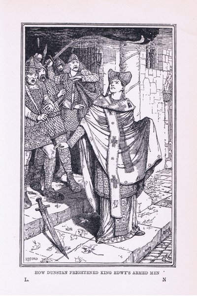 Św Dunstan przestraszył uzbrojonych ludzi króla Edwy, 1912 autorstwa Henry Justice Ford