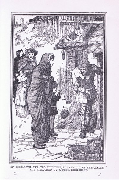 Św. Elżbieta i jej dzieci, wyprowadzona z zamku i przywitana przez biednego karczmarza, 1912 autorstwa Henry Justice Ford
