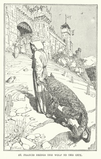 Św. Franciszek sprowadza wilka do miasta (lito) autorstwa Henry Justice Ford