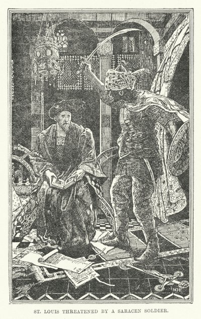 St Louis zagrożony przez żołnierza saraceńskiego (lito) autorstwa Henry Justice Ford