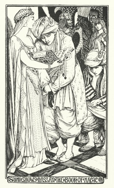 Sumi pokazuje Hassanowi Księgę Magii (rycina) autorstwa Henry Justice Ford