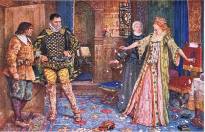 Hrabina Leicester rozdziera list męża w obecności Varneya i Fostera, ilustracja z Kenilworth, ok. 1910 autorstwa Henry Justice Ford