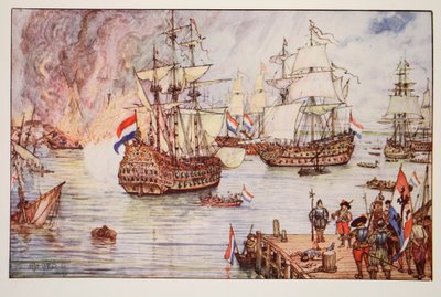 Holendrzy w Medway, ilustracja z „Historii Anglii” autorstwa C.R.L. Fletcher i Rudyard Kipling, 1911 autorstwa Henry Justice Ford