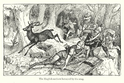 Angielscy łucznicy zdradzeni przez jelenia (litografia) autorstwa Henry Justice Ford