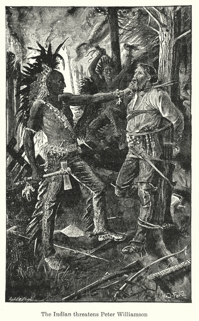 Indianin grozi Peterowi Williamsonowi (litografia) autorstwa Henry Justice Ford