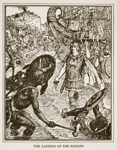 Lądowanie Rzymian, ilustracja z "Historii Anglii" C.R.L. Fletchera i Rudyarda Kiplinga, 1911 r. autorstwa Henry Justice Ford