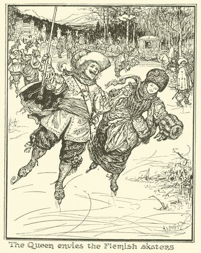 Królowa zazdrości flamandzkim łyżwiarzem autorstwa Henry Justice Ford