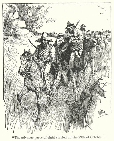 "Ośmioosobowa grupa uderzeniowa wyruszyła 29 października" (litografia) autorstwa Henry Justice Ford