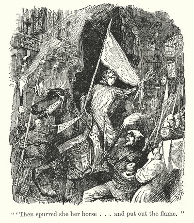"Wtedy dosiadła konia. I zgasiła płomień" (litografia) autorstwa Henry Justice Ford