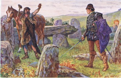 Tresilian konfrontuje się z tajemniczym kowalem, ilustracja z Kenilworth, ok. 1910 autorstwa Henry Justice Ford