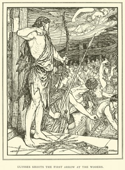 Ulisses wystrzeliwuje pierwszą strzałę w Wooers autorstwa Henry Justice Ford