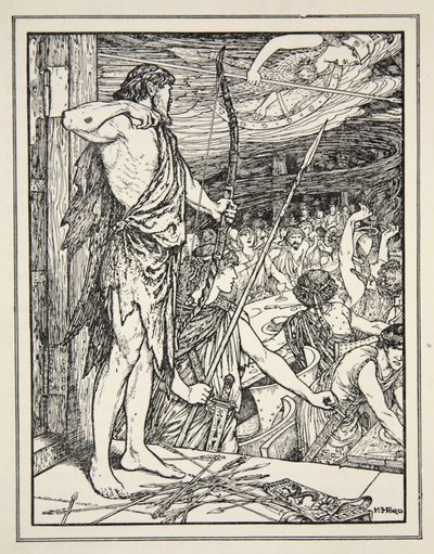 Ulisses strzela pierwszą strzałą w Zaloty z „Opowieści z greckich mórz” Andrew Langa autorstwa Henry Justice Ford
