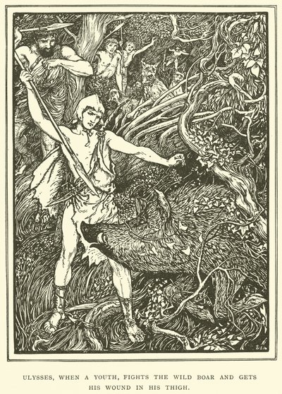 Odyseusz, kiedy był młody, walczy z dzikiem i dostaje ranę w udo. autorstwa Henry Justice Ford