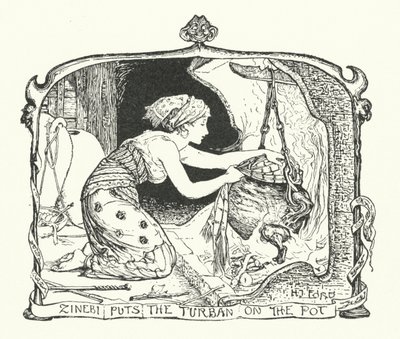 Zinebi kładzie turban na garnku (grawerunek) autorstwa Henry Justice Ford