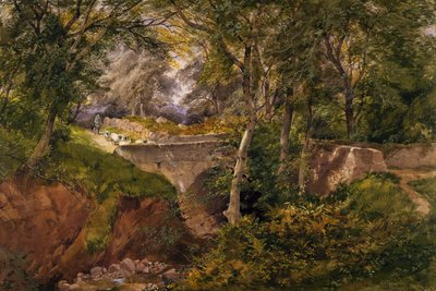 Zalesiony krajobraz z owcami przechodzącymi przez most, 1868 autorstwa Henry Jutsum