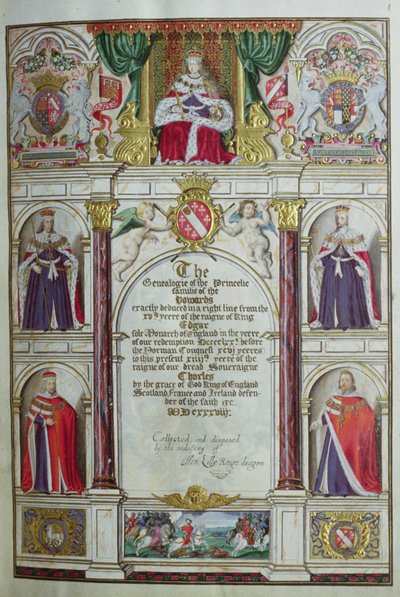 Strona tytułowa „Genealogii rodziny książęcej Howardów”, 1638 (atrament, złoty płatek i kolor na welinie) autorstwa Henry Lilly