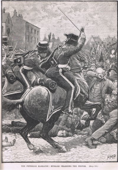 Masakra w Peterloo z Huzarami szarżującymi na ludzi, ilustracja z "Ilustrowanej historii Anglii" Cassella, wydanej ok. 1910 r. autorstwa Henry Marriott Paget
