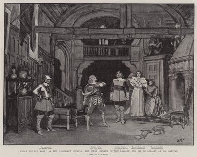Pod czerwoną szatą w Haymarket Theatre, Scena między kapitanem Larolle i Gilem de Berault w Chateau autorstwa Henry Marriott Paget