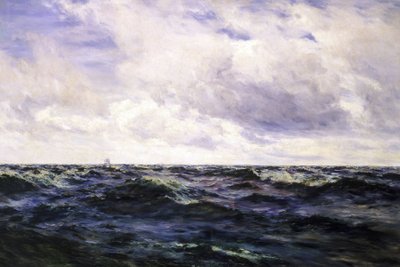 "Pejzaż morski ze znakiem łodzi po lewej stronie i kutrem w środku wyścigu po prawej, oba przedstawione z bardzo dużej odległości. autorstwa Henry Moore