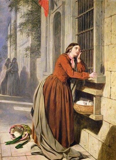 Matka deponująca dziecko w szpitalu Foundling w Paryżu, ok. 1855-60 (olej na drewnie) autorstwa Henry Nelson O