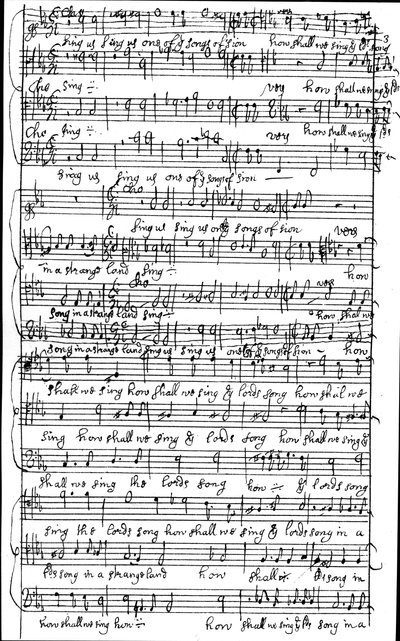 Autograf rękopisu partytury Psalmu 137 Jak śpiewać pieśń Pana w obcej krainie przed 1683 autorstwa Henry Purcell