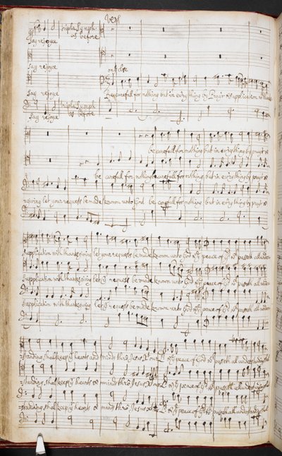Partytura autografu Purcella „Radujcie się zawsze w Panu”, R.M.20.h.8, f.38v, ok. 1680-90 (pióro i atrament na papierze) autorstwa Henry Purcell