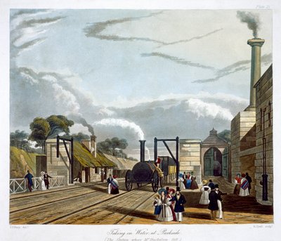„Przyjmowanie wody w Parkside”, Liverpool i Manchester Railway, 1833 r. autorstwa Henry Pyall