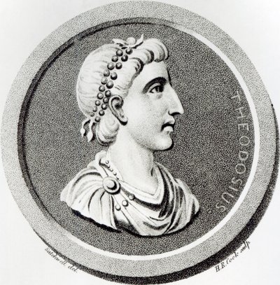 Portret Teodozjusza, z „Historii upadku i upadku Cesarstwa Rzymskiego”, tom 9, strona 139, autorstwa Edwarda Gibbona, 1808 autorstwa Henry R. Cook