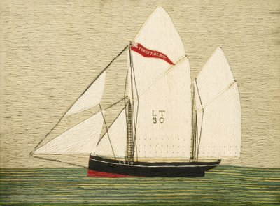 Trawler "Forget Me Not", zbudowany w 1883 r. w Brixham (Anglia). Haft na wełnie, przed 1909 r., wykonany przez Henry
