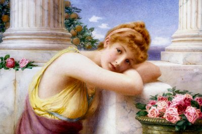 "Dzienne marzenia" reves évees, jeune fille songeuse sur une terrasse en marbre a l