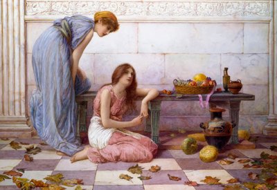 "Kwiaty i owoce" Udrapowane kobiety o melancholijnych wyrazach twarzy na dziedzińcu zabytkowej willi. Obraz autorstwa Henry