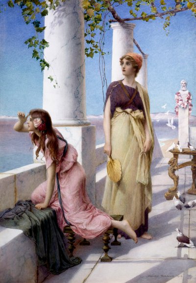 "Młode kobiety skanujące horyzont ze swojego tarasu w stylu antycznym. Obraz Henry