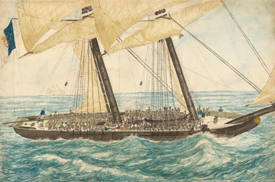 Portugalski handlarz niewolników Diligenté schwytany przez H.M. Slup Pearl z 600 niewolnikami na pokładzie, maj 1838. autorstwa Henry Samuel Hawker