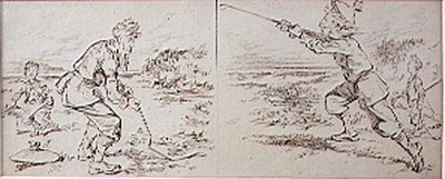 Golfer zakłócony przez wietrzny podmuch, ilustracja z magazynu „Graphic”, wyd. c.1870 (lito) autorstwa Henry Sandercock