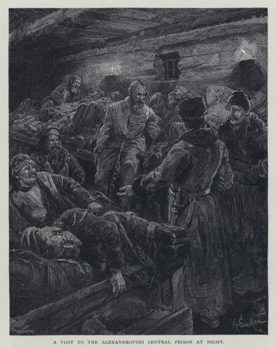 Wizyta w Centralnym Więzieniu Aleksandrofskim nocą (lito) autorstwa Henry Sandham