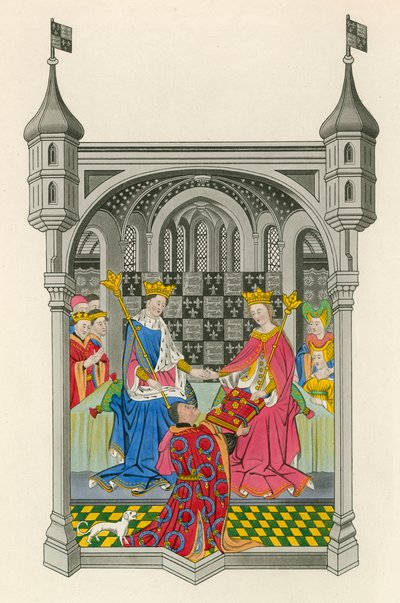 John Talbot, hrabia Shrewsbury, przedstawiający swoją książkę królowej Małgorzaty, ilustracja z „Sukienki i dekoracje” Henry