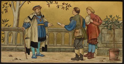 Sprawiedliwość, tablica przedstawiająca ilustrację z Siedmiu Wieków Szekspira, wyroby Minton, Staffordshire, 1874 (ceramika emaliowana) autorstwa Henry Stacey after Marks