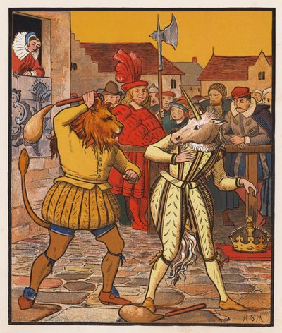 Lew i jednorożec (kolorowa litografia) autorstwa Henry Stacy (after) Marks