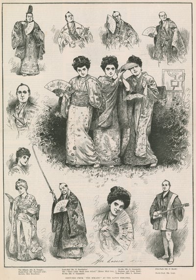Szkice z przedstawienia "Mikado" w Teatrze Savoy autorstwa Henry Stephen Ludlow