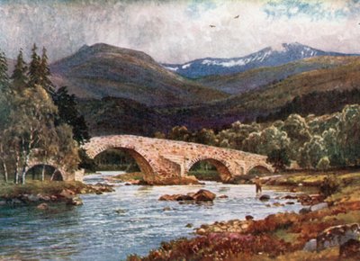 Old Mar Bridge i Lochnagar, Aberdeenshire (kolorowa litografia) autorstwa Henry Sutton Palmer