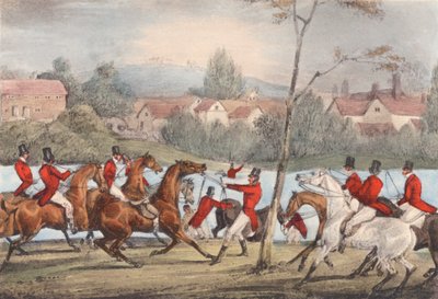 Mytton pływa po rzece Severn w Uppington Ferry: "Kto nazywa siebie sportowcem, niech idzie za mną!". (litografia) autorstwa Henry Thomas (after) Alken